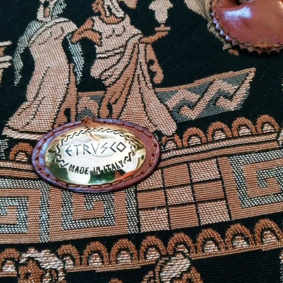 ETRUSCO VINTAGE ITALIAN MADE LEATHER & TAPESTRY SHOULDER BAG -TANS GRAYS BLACK - Picture 14 of 16